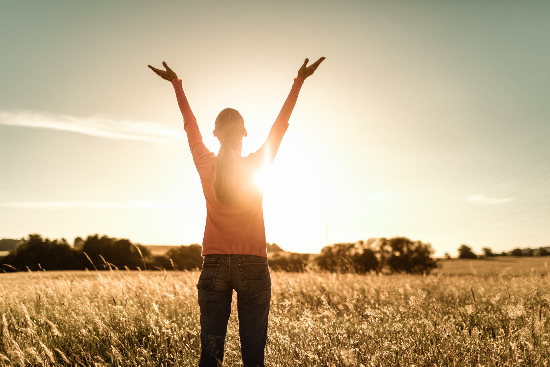 Hands lifted up to the sunrise sky touching the warm rays of sunlight.